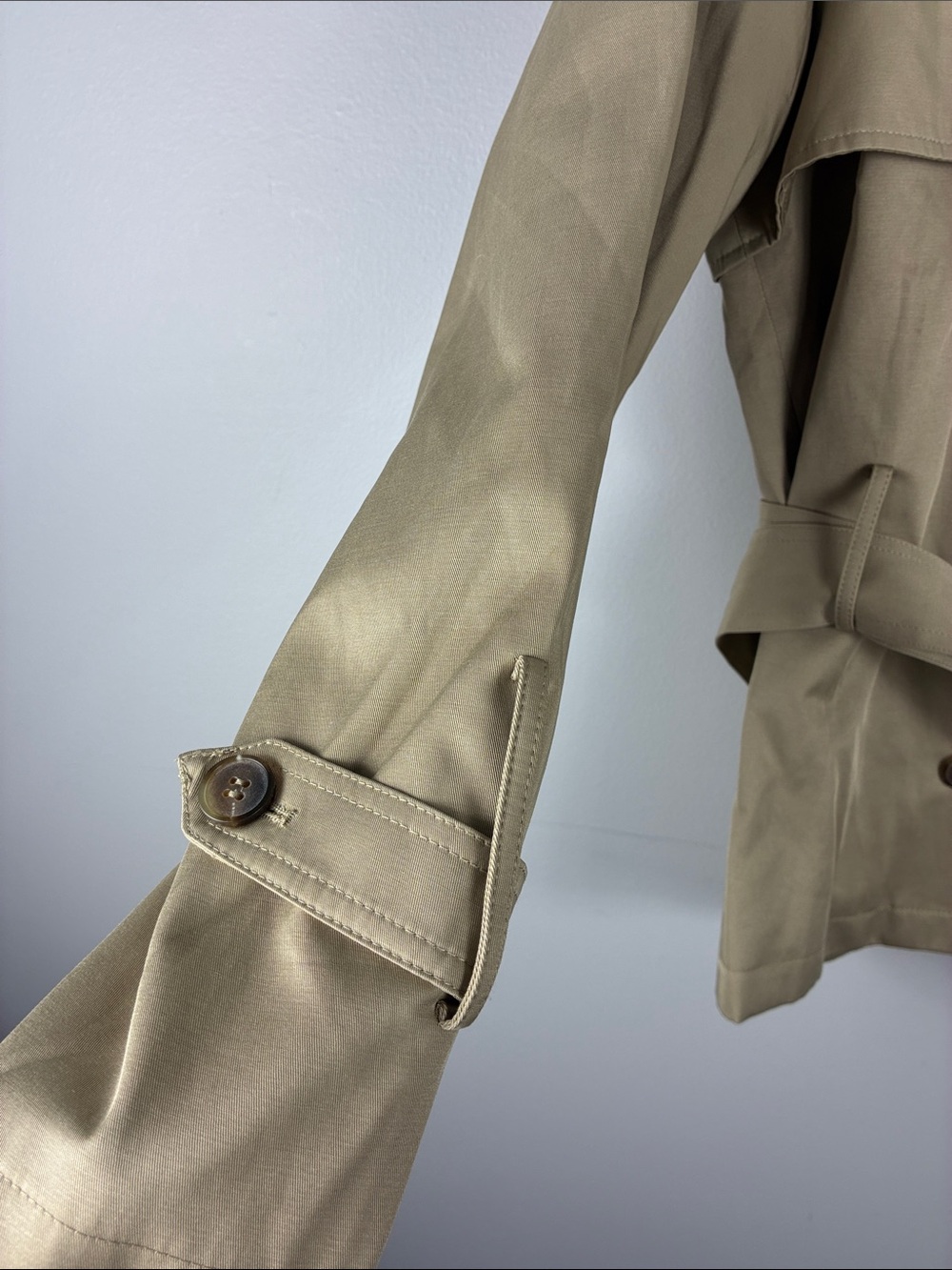 Women’s Kahaki Short Trench Coat Jacket w Belt Luxury Preppy Casual Outdoors NEW - Picture 5 of 11